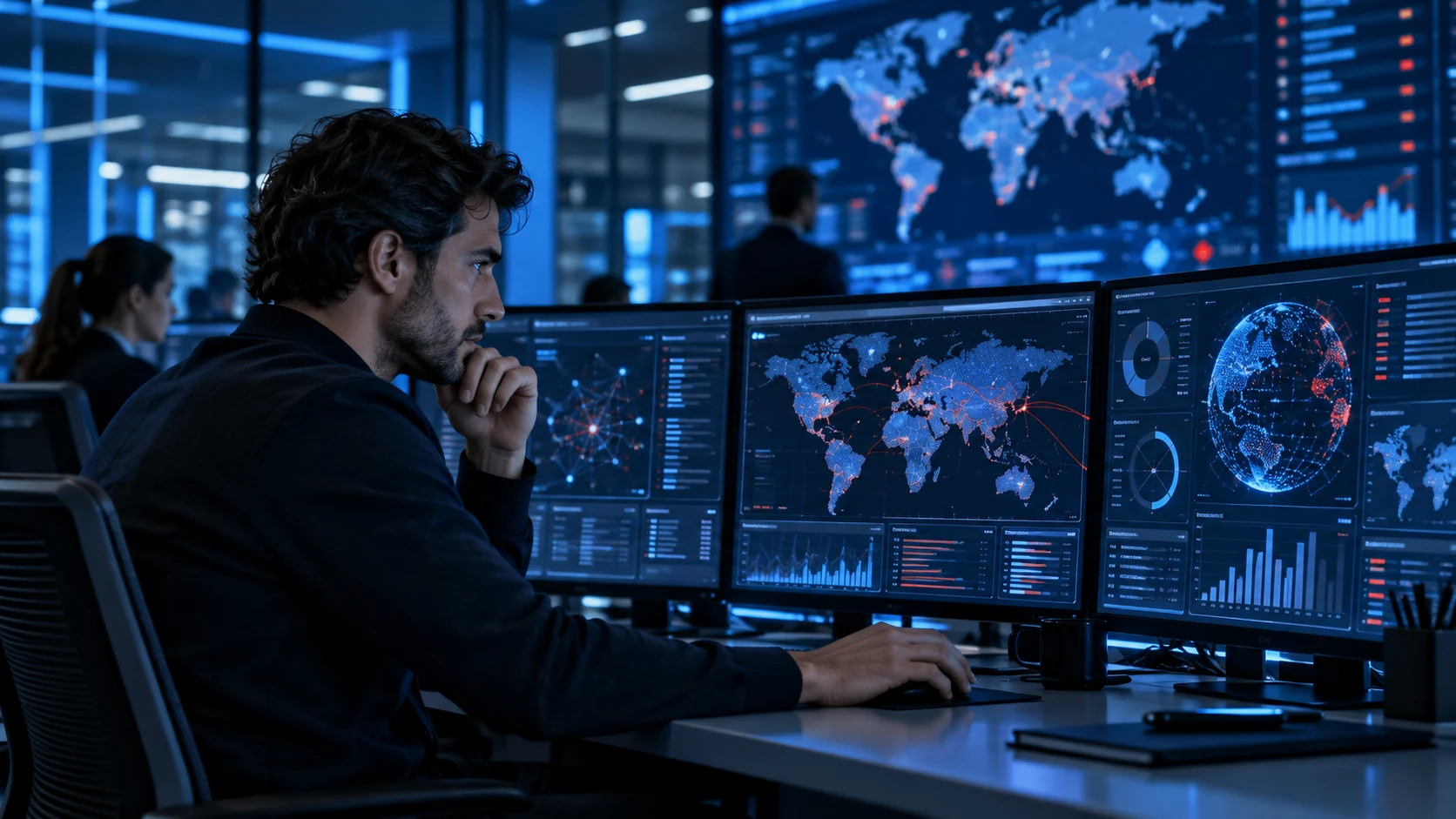 Analista cybersecurity al lavoro in una sala operativa
